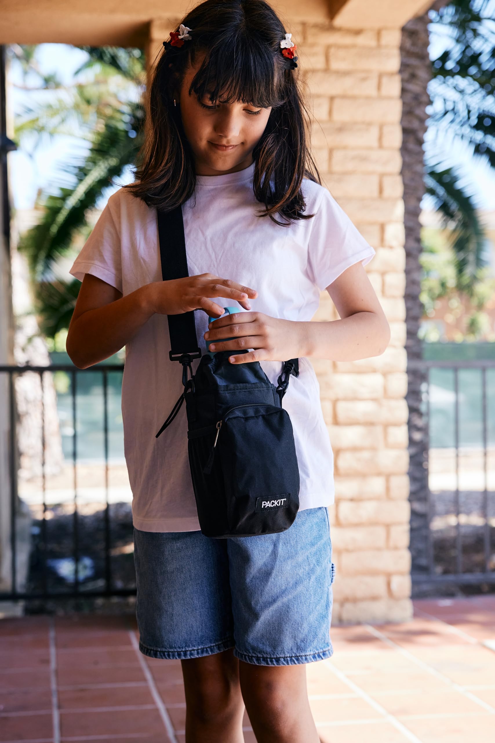 PackIt Freezable Hydration Crossbody Water Bottle Carrier with Strap, Fits 32,40 oz and 64 oz - Triple Function Design, Removable Freezable Insert, Adjustable Crossbody Strap, Front Zip Pocket - Black - Image 11